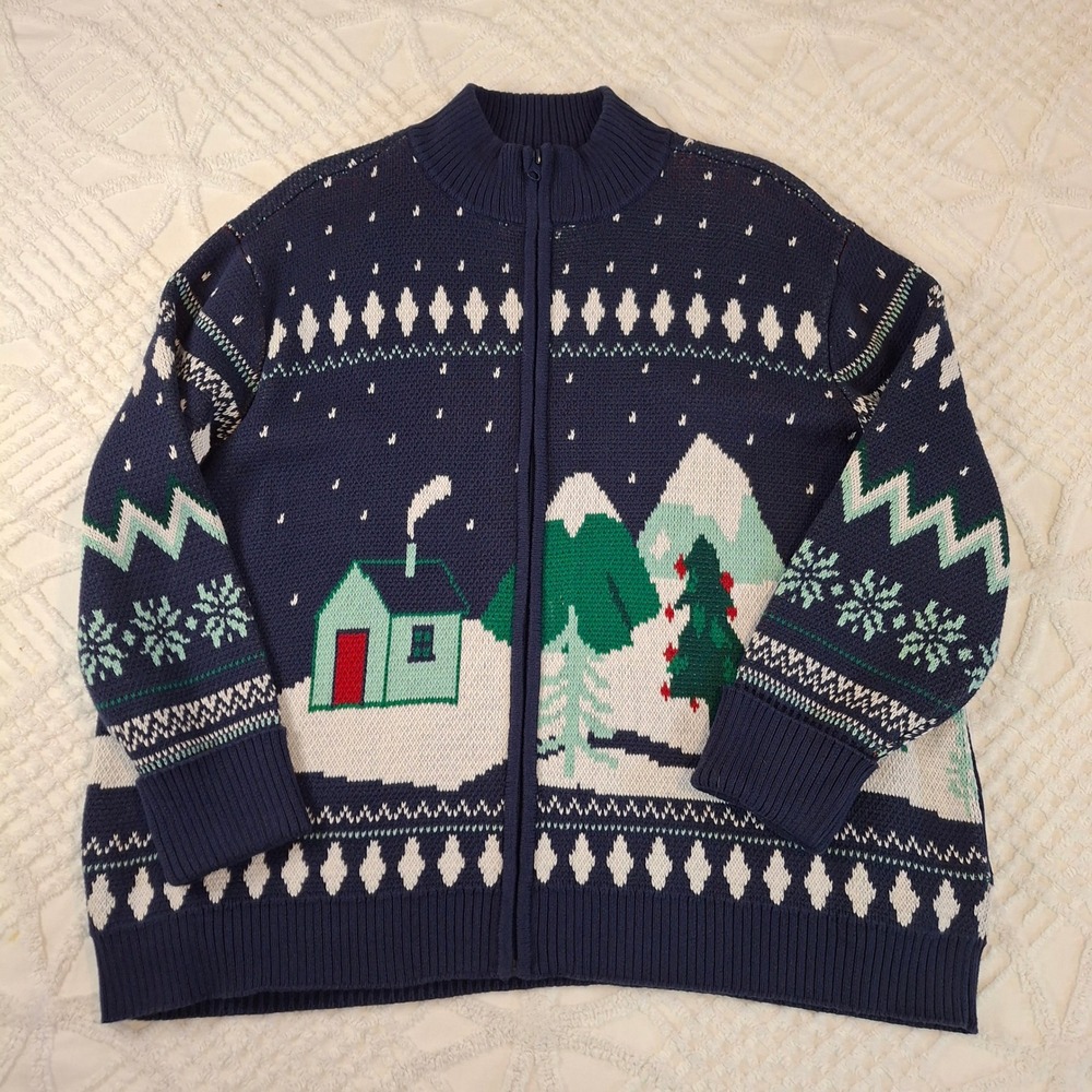 Coldwater Creek 1X Zip Sweater Navy Blue Winter Landscape Fair Isle Mock Neck‎